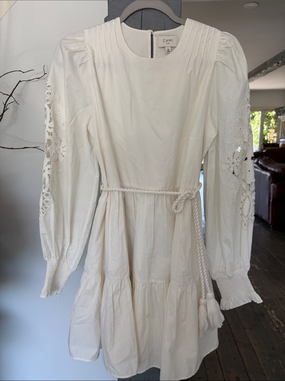 Cami NYC Cream Eyelet-Sleeve Tie-Waist Mini Dress